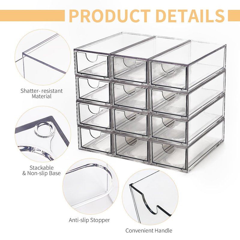 WUHUME Desk Organizer with Drawers, Stackable Plastic Storage Drawers for Makeup or Desk Organization, Cabinets for Office Dressing Countertop Bathroom Bedroom (12 Packs)