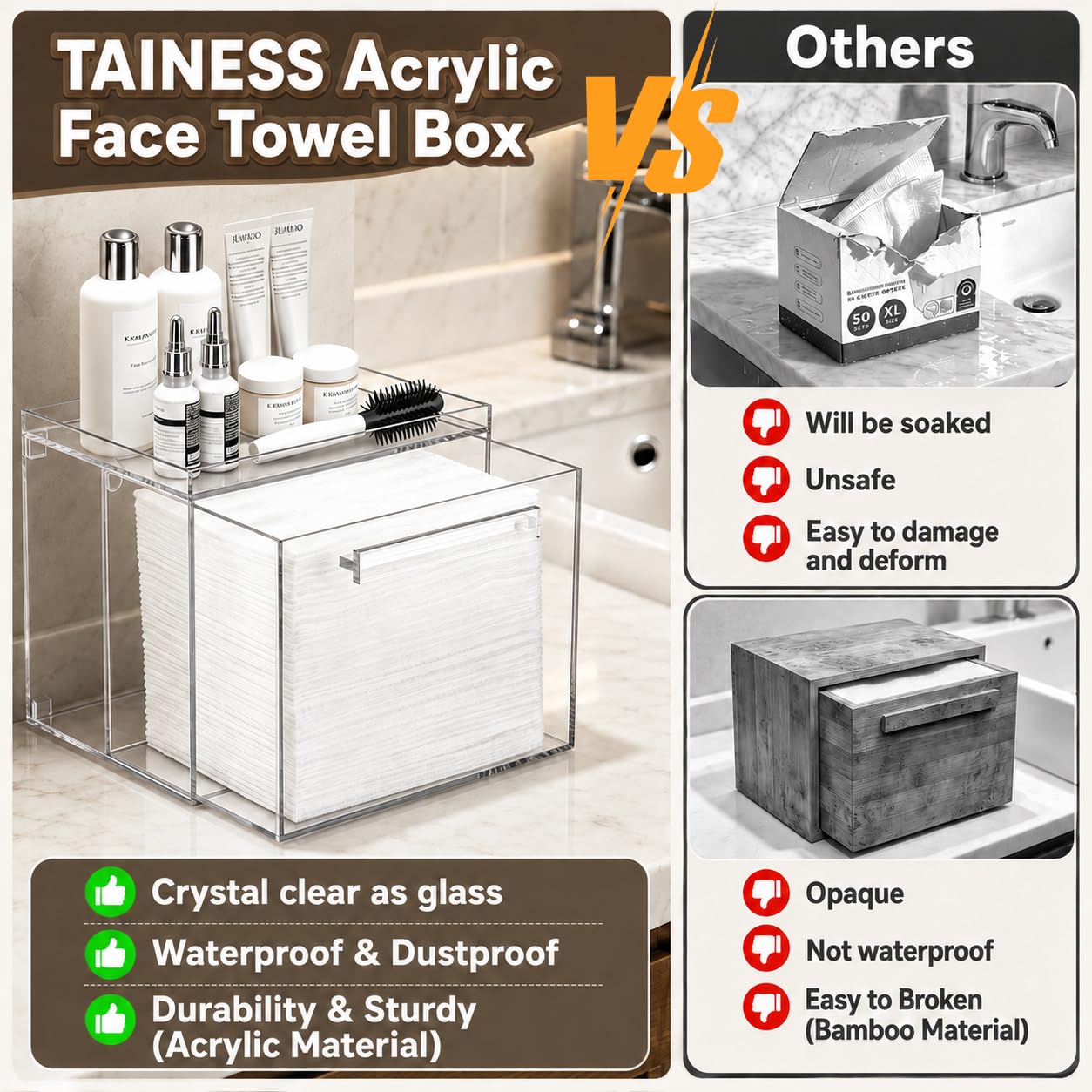 TAINESS Acrylic Disposable Face Towels Holder Compatible with Clean Skin Club Towel XL - Clear Storage Box Wall-Mounted Cosmetic & Skin Care Organizer with Drawer for Bathroom Vanity
