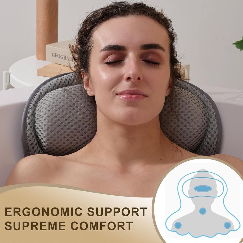 Luxury Bath Pillow - Extra Soft Bathtub Head & Neck Support | 4D Air Mesh Cushions, Non-Slip Suction Cups - Gray