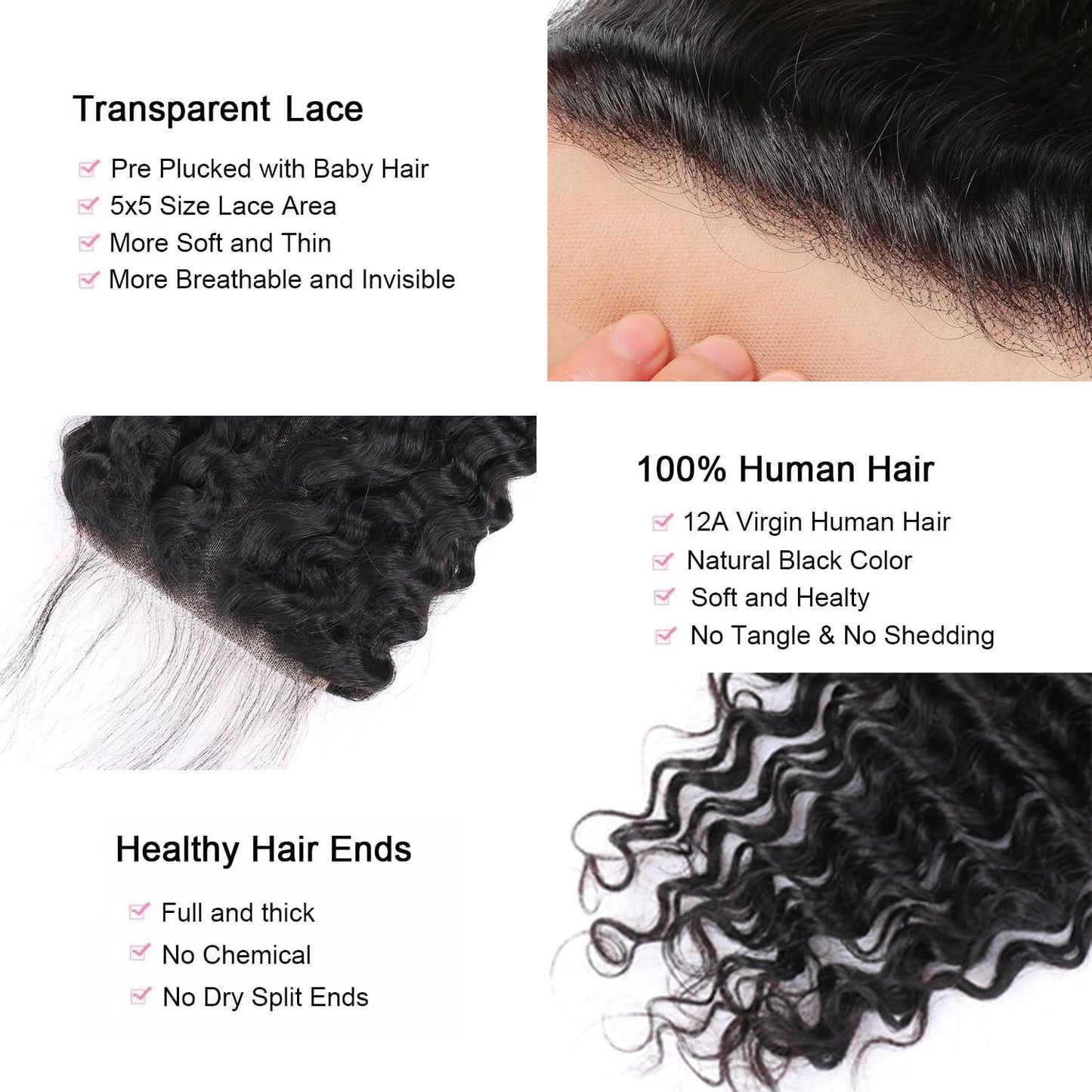 5x5 Closure Deep Wave Transparent HD Lace Closure Brazilian Virgin Human Hair Closure Curly Lace Frontal Pre Plucked with Baby Hair Natural Color 16 Inch