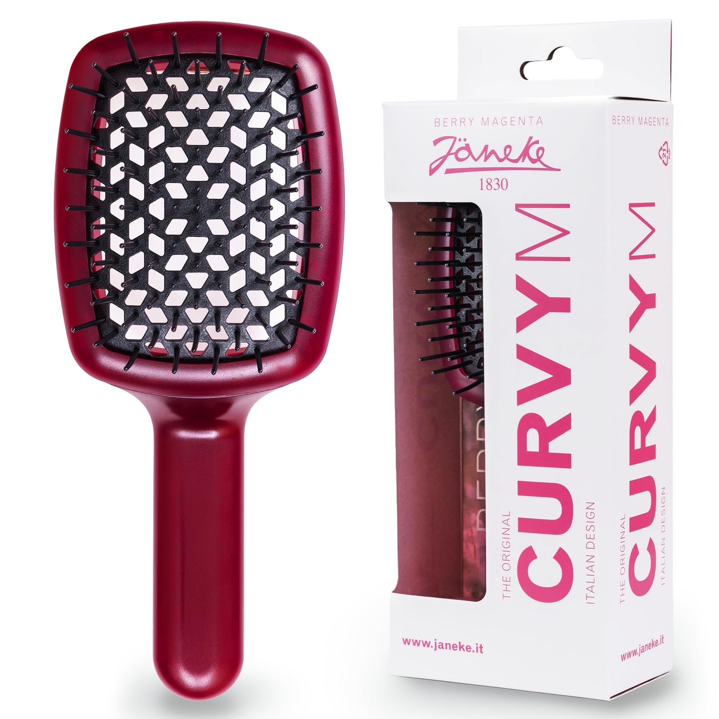 Janeke Curvy Hair Brush with Ergonomic Handle – Vented Brush for Blow Drying & Smoothing – Anti Static Detangler for Thick, Curly & Wet Hair (Red - Black)