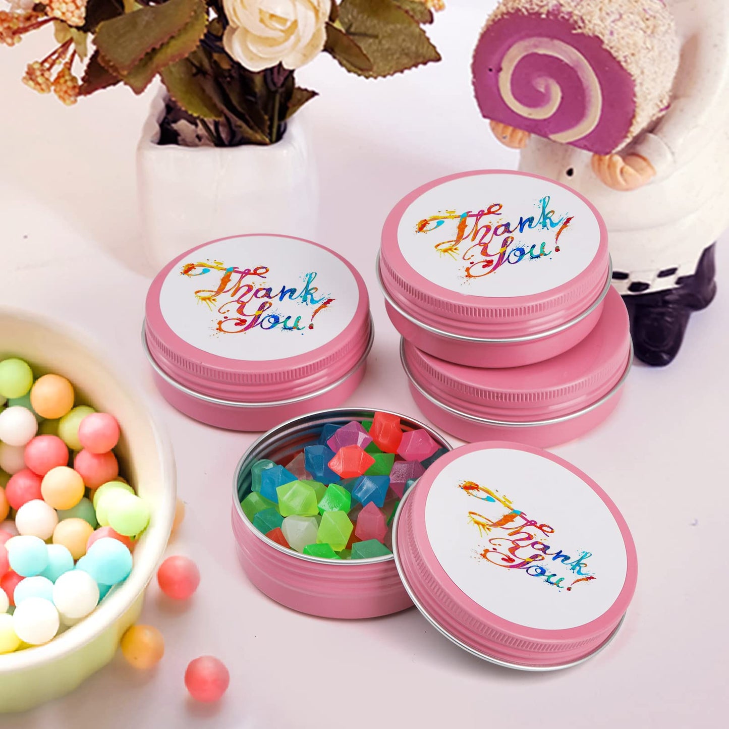 Foraineam 48 Pack 2 oz Screw Top Round Tin Cans with White Labels, Pink Aluminum Cosmetic Sample Containers, Metal Empty Tins Travel Storage Tin Jars for Lip Balm, Salve, Spice, Candy or Crafts