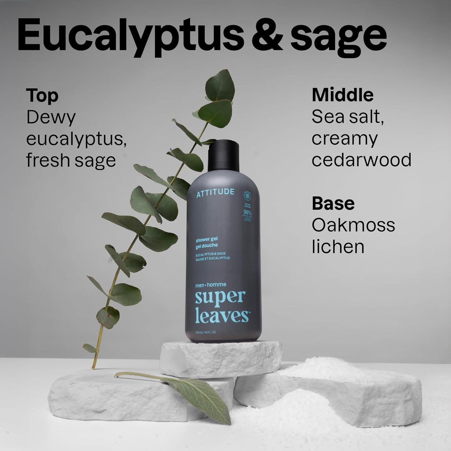 ATTITUDE Men's Shower Gel - Eucalyptus & Sage Body Wash, 98% Natural Ingredients | 14 Fl Oz (Pack of 3)