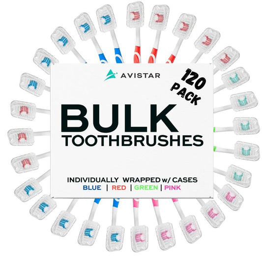 120 Pack Bulk Toothbrushes w/Cover Caps, Individually Wrapped Disposable Travel Toothbrush, Value Size, Long Lasting 3+ Months, Med-Soft Manual Teeth Brush Bristles, 4 Colors (Red Green Blue Pink)