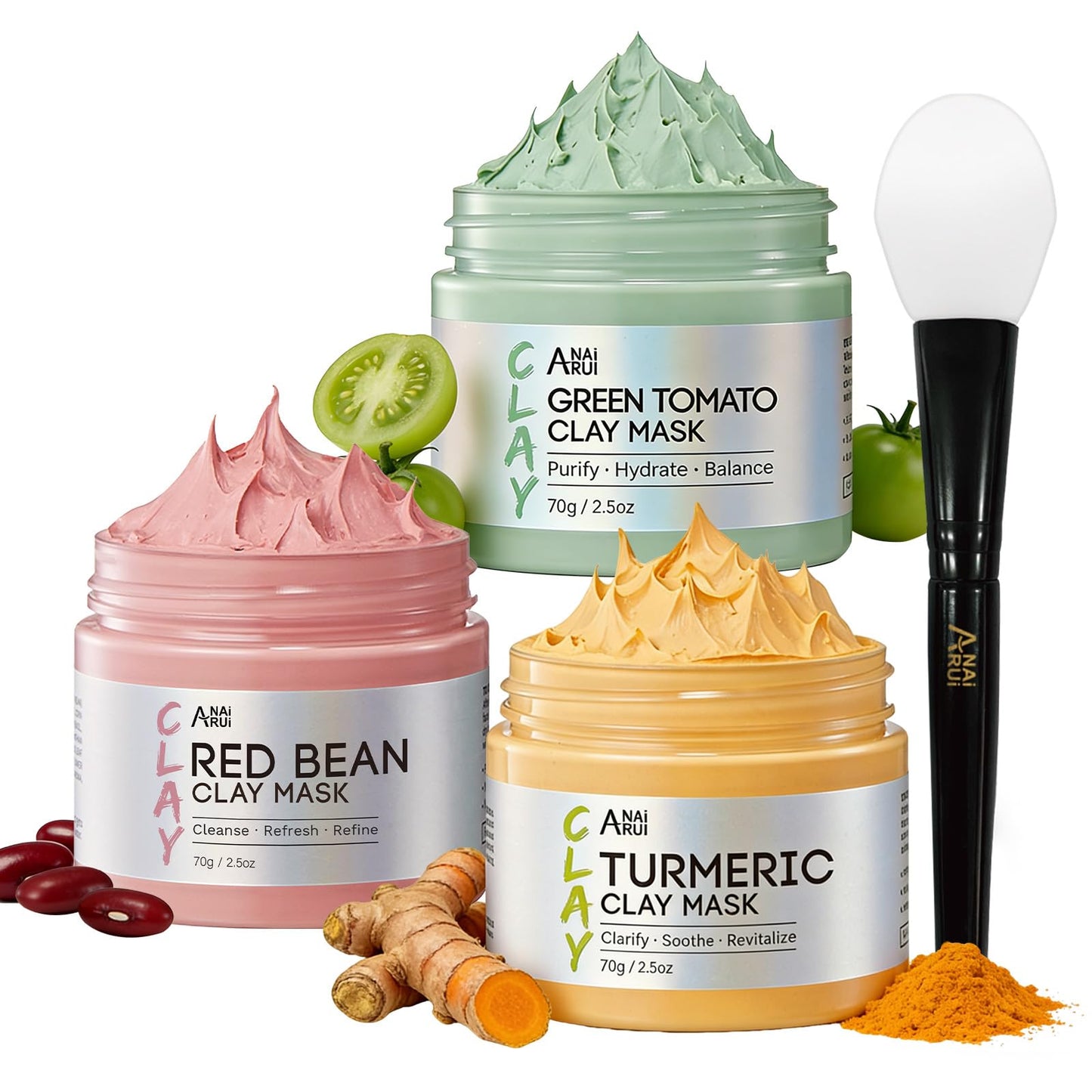 ANAI RUI 3 Pcs Pore Cleansing Face Mask Set Green Tomato Clay Mask - Turmeric Vitamin C Facial Mask Red Bean Refreshing Pore Mask, Relaxing Spa Gift Set Self Care for Women/Teens Girls 2.5 oz each