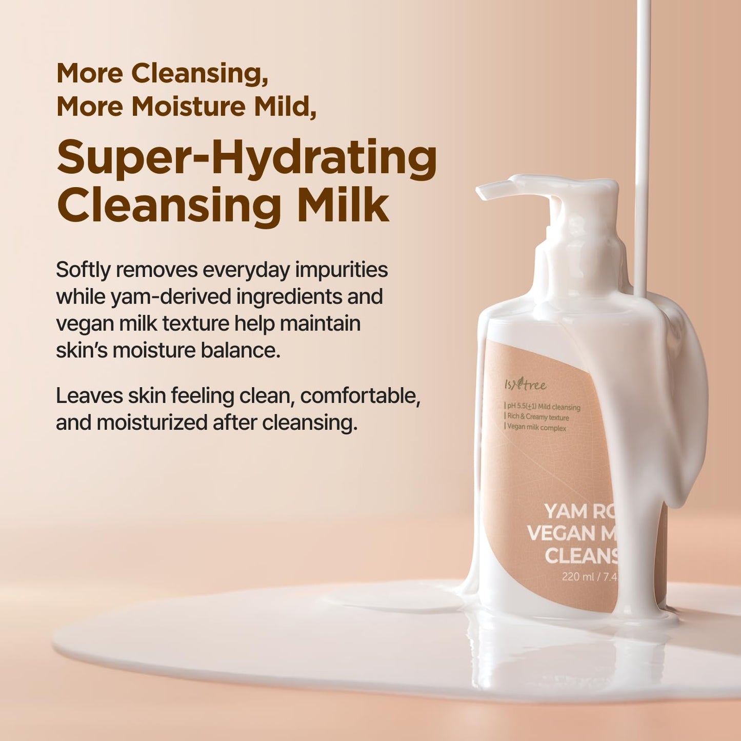IsNtree Yam Root Vegan Milk Cleanser | Korean Facial Cleanser with Yam Root | Hydrating Milky Cleanser for Sensitive Skin, Gentle & Creamy, 7.43 fl oz