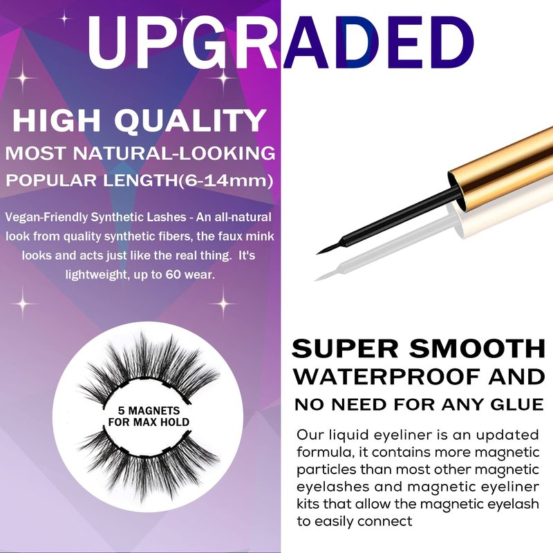 Magnetic Eyelashes with Eyeliner Kit | 7 Pairs Wispy Cat-Eye Lashes - Reusable, Cruelty-Free, Easy Application