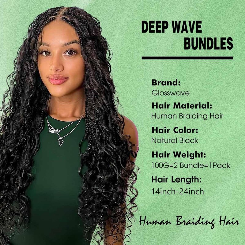 Human Braiding Hair 2 Bundles 100g 14 Inch Deep Wave Bulk Human Hair for Braid No Weft Curly Braiding Hair Bulk Curly Human Hair for Boho Braids 12A Brazilian Virgin Hair Extensions Natural Color