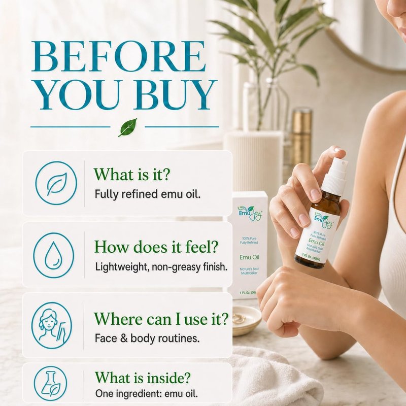 Emu Joy Emu Oil - Pure, Fully Refined Emu Oil for Skin & Body - Fast Absorbing, Non Greasy Conditioning Oil - Fragrance Free - Sensitive, Eczema & Psoriasis Prone Skin - 1 fl oz