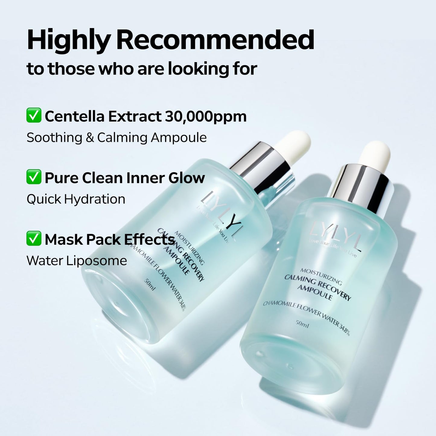 LYLYL Calming Recovery Ampoule, 72 Hour Moisture Barrier, 7 Protein Peptides, Over 20% Liposome, Soothing & Hydrating Effect for Dry/Sensitive Skin, No Oil, Korean Skincare, 1.69 fl.oz/50ml