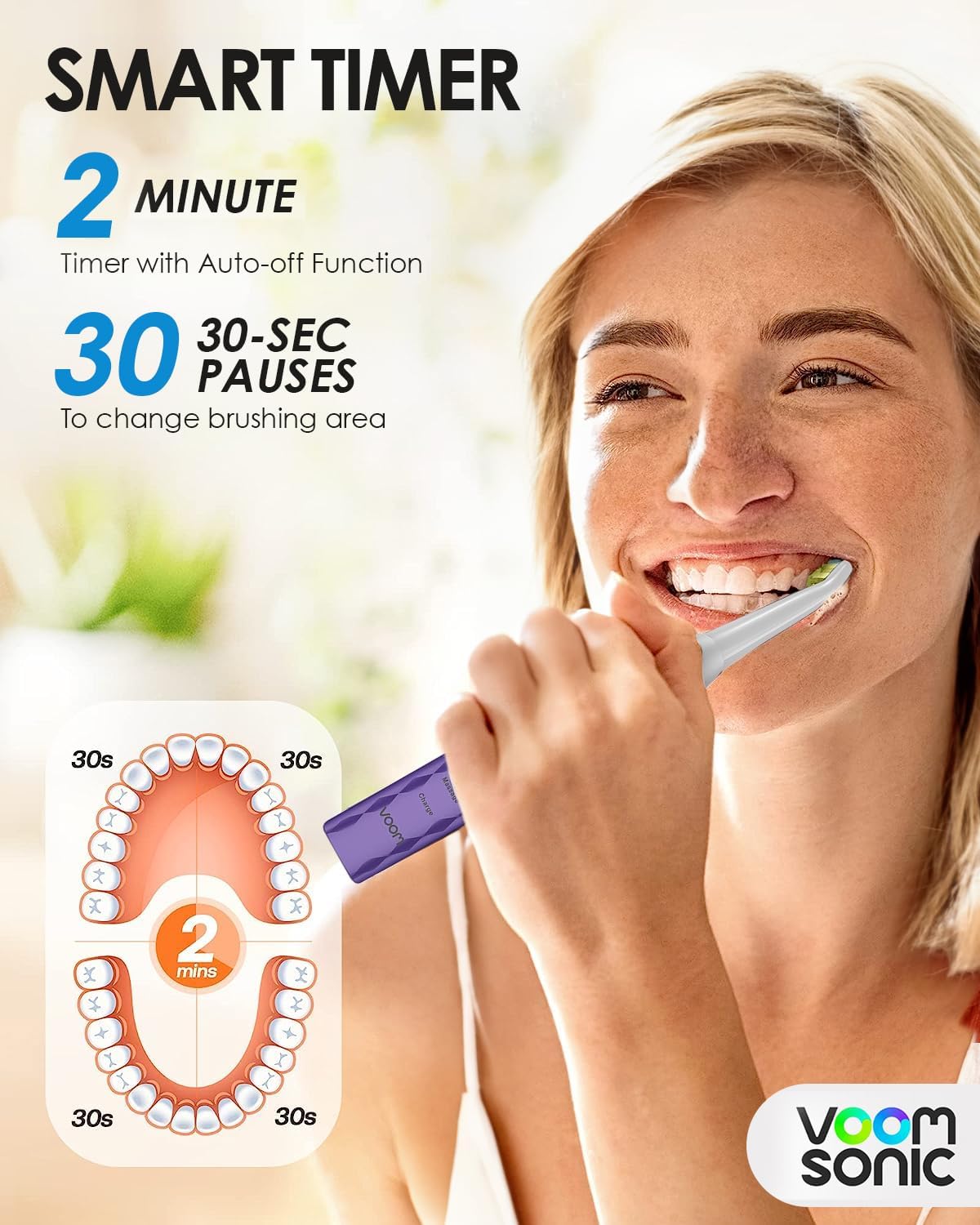 Voom Sonic Electric Toothbrush – Bathroom Essentials & Travel Essentials – Ultrasonic Electric Toothbrush for Adults – USB Rechargeable 40,000 Strokes/Minute – 3 Speeds – Pro 3 Series (Purple)