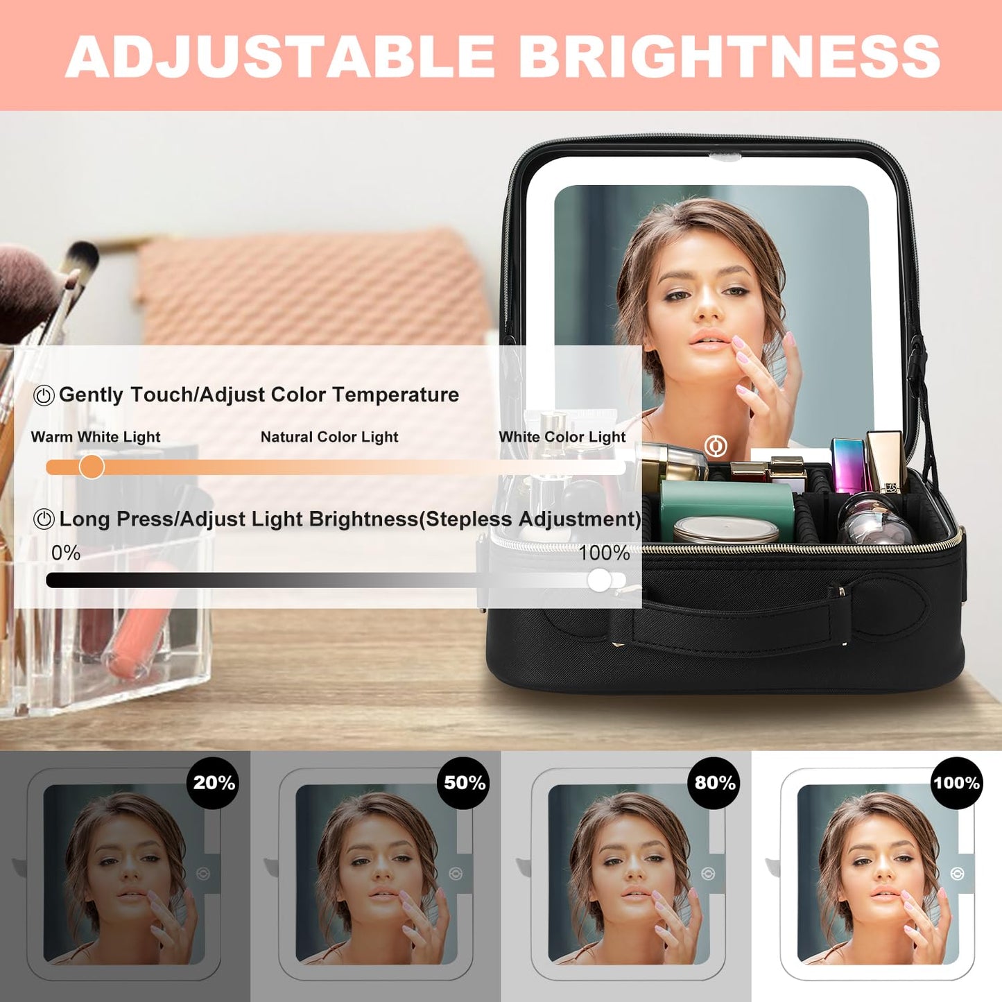 Mocado Travel Makeup Bag with LED Lighted Mirror,Travel Makeup Organizer,Makeup Case with 8 Makeup Brushes and 10x Magnifying Mirror,3 Colors Lighting, Adjustable Dividers Makeup Box(Black)