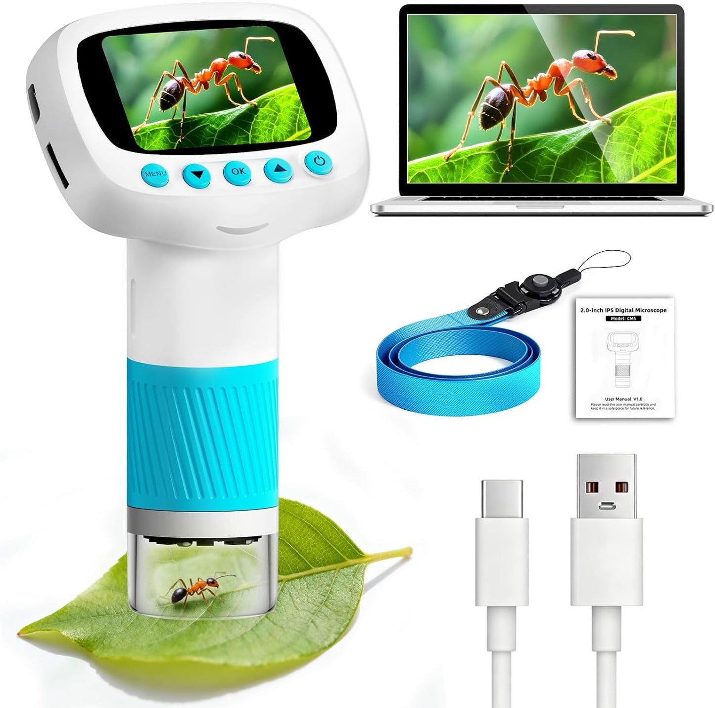 Digital Microscope for Kids - Handheld STEM Science Toy | Video Camera, Light Blue