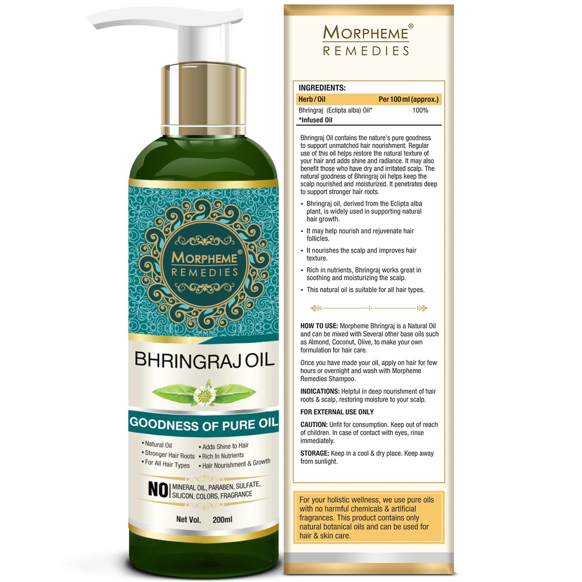 Morpheme Remedies Pure ColdPressed Bhringraj Oil (No Mineral Oil & Sulphate), 200ml