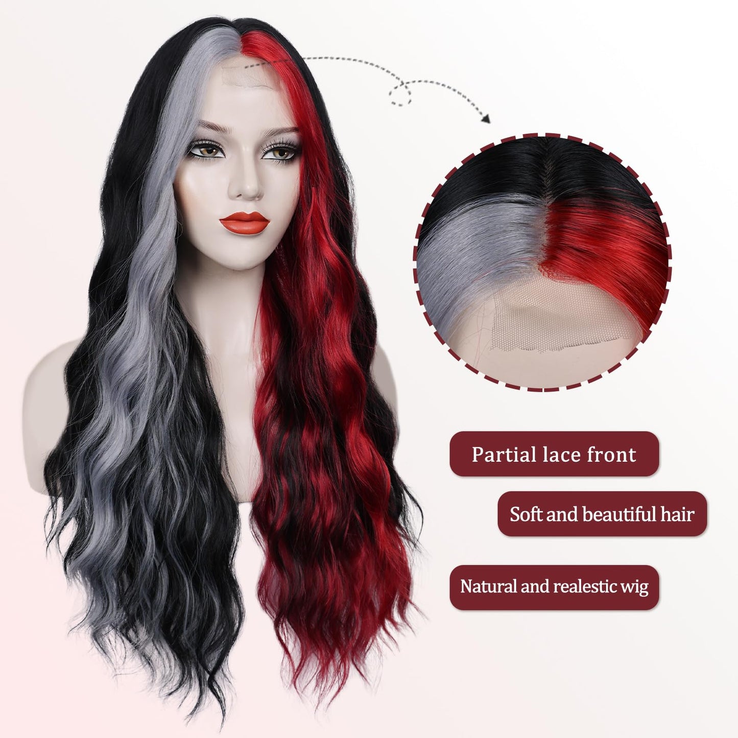 WECAN Black Red Gray Wig 28 Inches Long Black Red Wavy Wigs For Women Synthetic Hair Replacement Wigs Halloween Cosplay Daily Party Heat-Resistant Fiber Wig