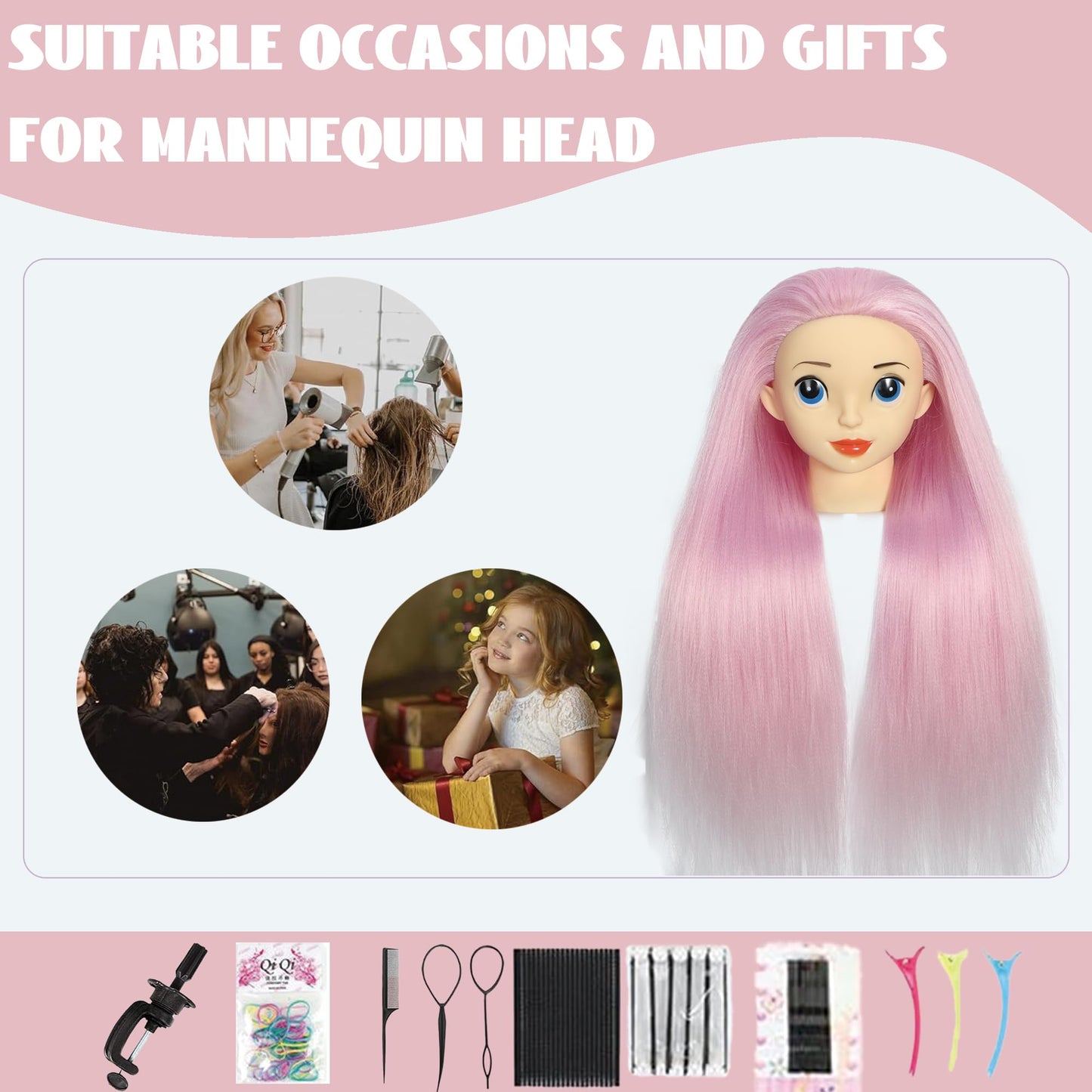 TKIMHEQ Mannequin Head with Hair 24'' Doll Head for Hair Styling Training Head Manikin Practice Cosmetology Doll Head Styling Hairdressing Training Braiding Heads with Clamp Holder (Ombre Pink)