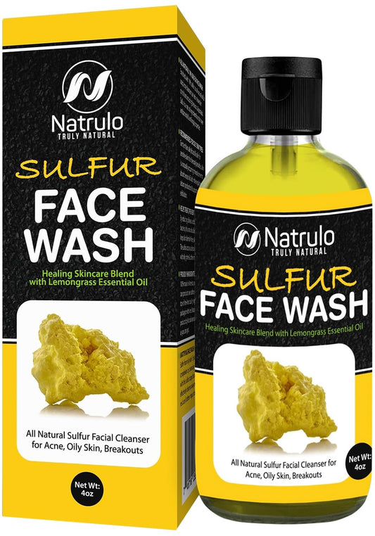 Sulfur Face Wash for Acne – All Natural Sulfur Facial Cleanser for Oily Skin, Breakouts – Healing Skincare Blend with Lemongrass Essential Oil – 4oz Mattifying Cleansing Soap Liquid, Made in USA