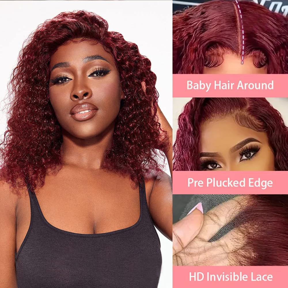 Jinhongze 99J Burgundy Bob Wigs Human Hair Burgundy Curly Lace Front Wigs Human Hair 13x4 Lace Front Wigs Short Curly Bob Wigs Deep Curly Lace Front Wigs for Black Women 8 Inch