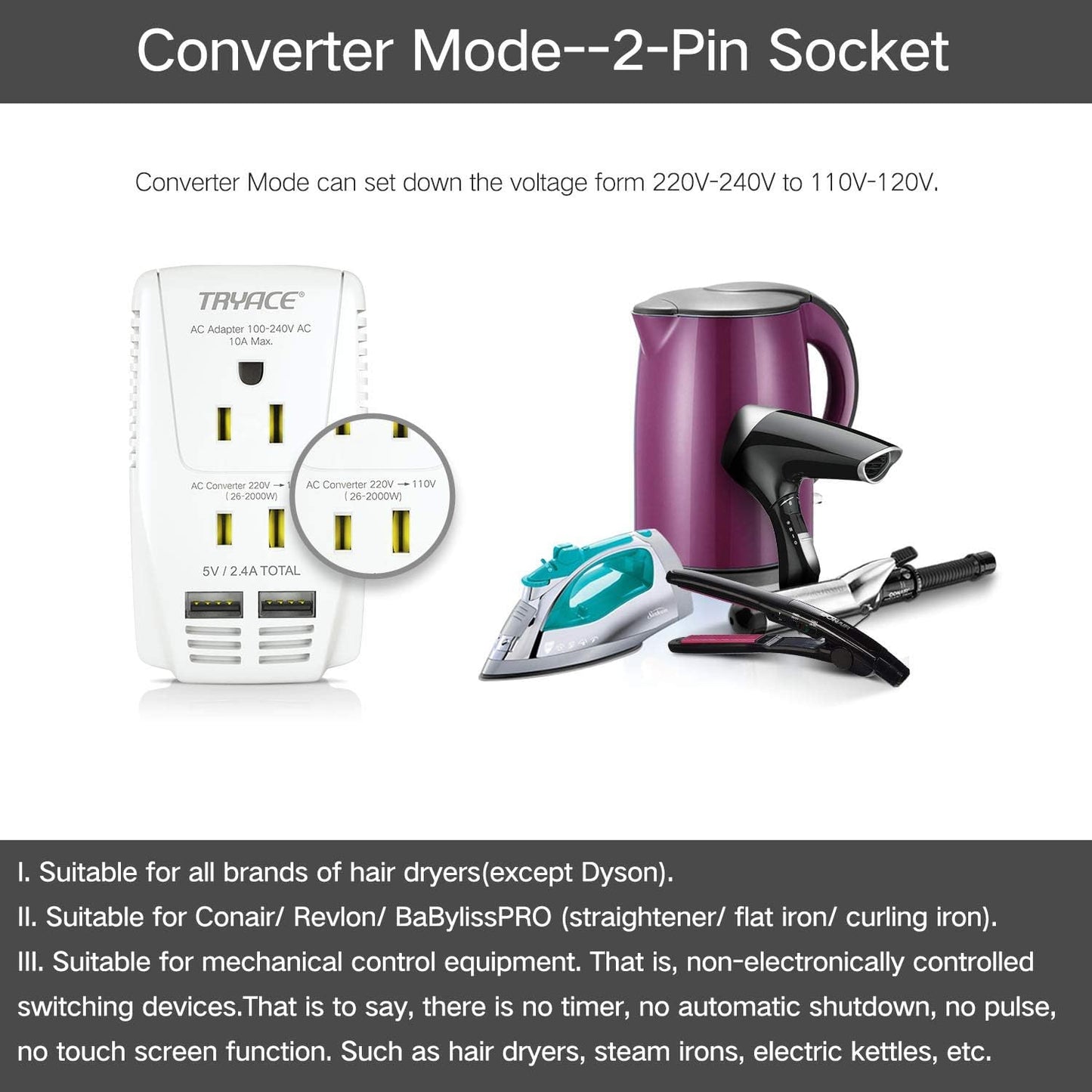 Upgraded 2000W 220V to 110V Voltage Converter Step Down Voltage for Hair Dryer,Straightener,Curling Iron,Cell Phone Power Converter with 2-Port USB and UK/AU/US/EU 10A Plug Adapter, White