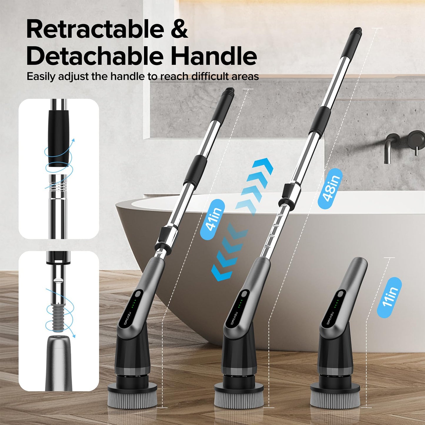 Electric Spin Scrubber, 10-in-1 Shower Scrubber & Retractable Long Handle, 44 lbs High-Torque & Variable Speed Shower Cleaning Brush for Bathroom,Toilet, Bathtub, Kitchen, Tile Floors,