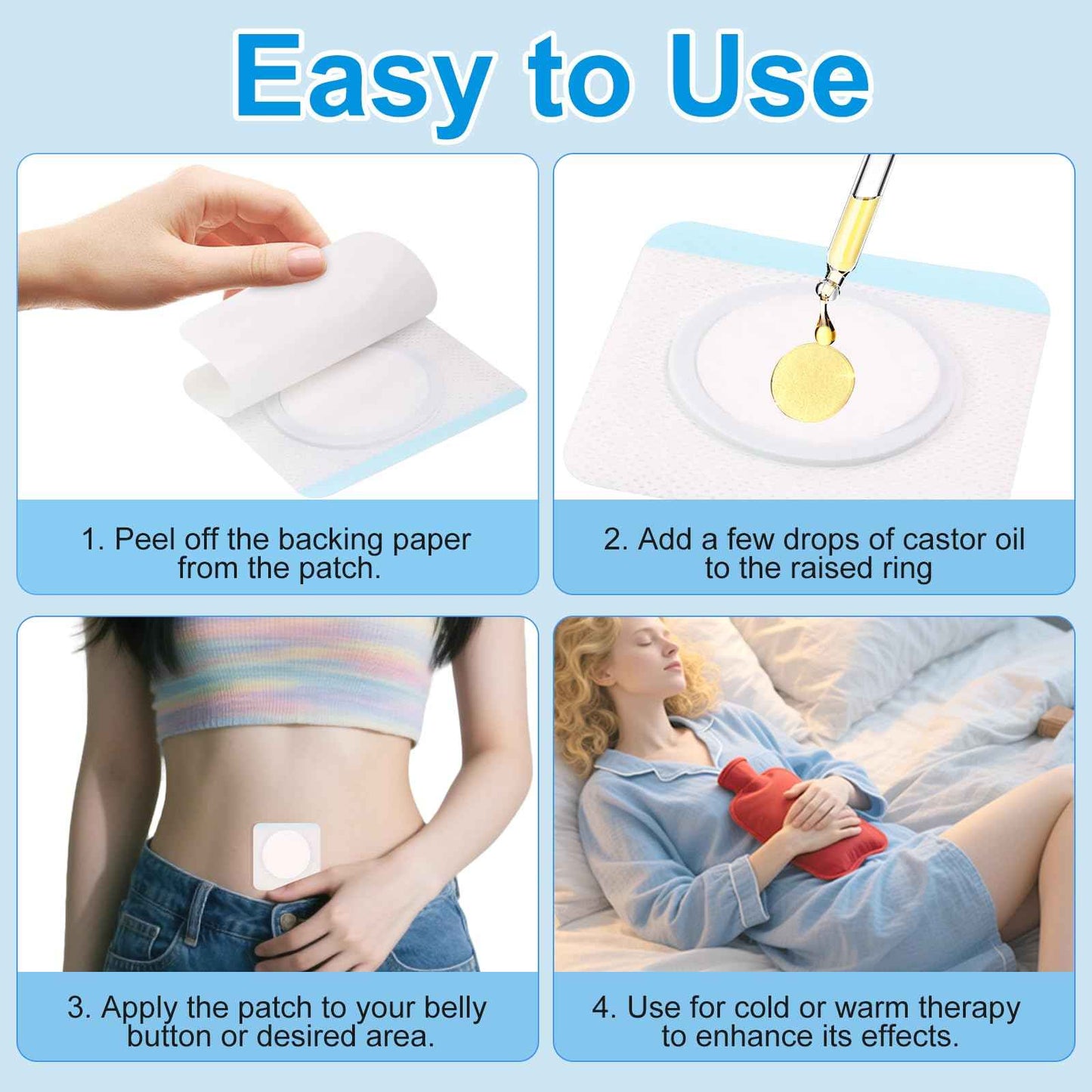 Castor Oil Pack Patches for Belly Button – 60 Disposable Organic Cotton Self-Adhesive Pads, Leak-Proof & Breathable, No-Wash Castor Oil Wraps for Navel, Abdomen & Targeted Skin Care