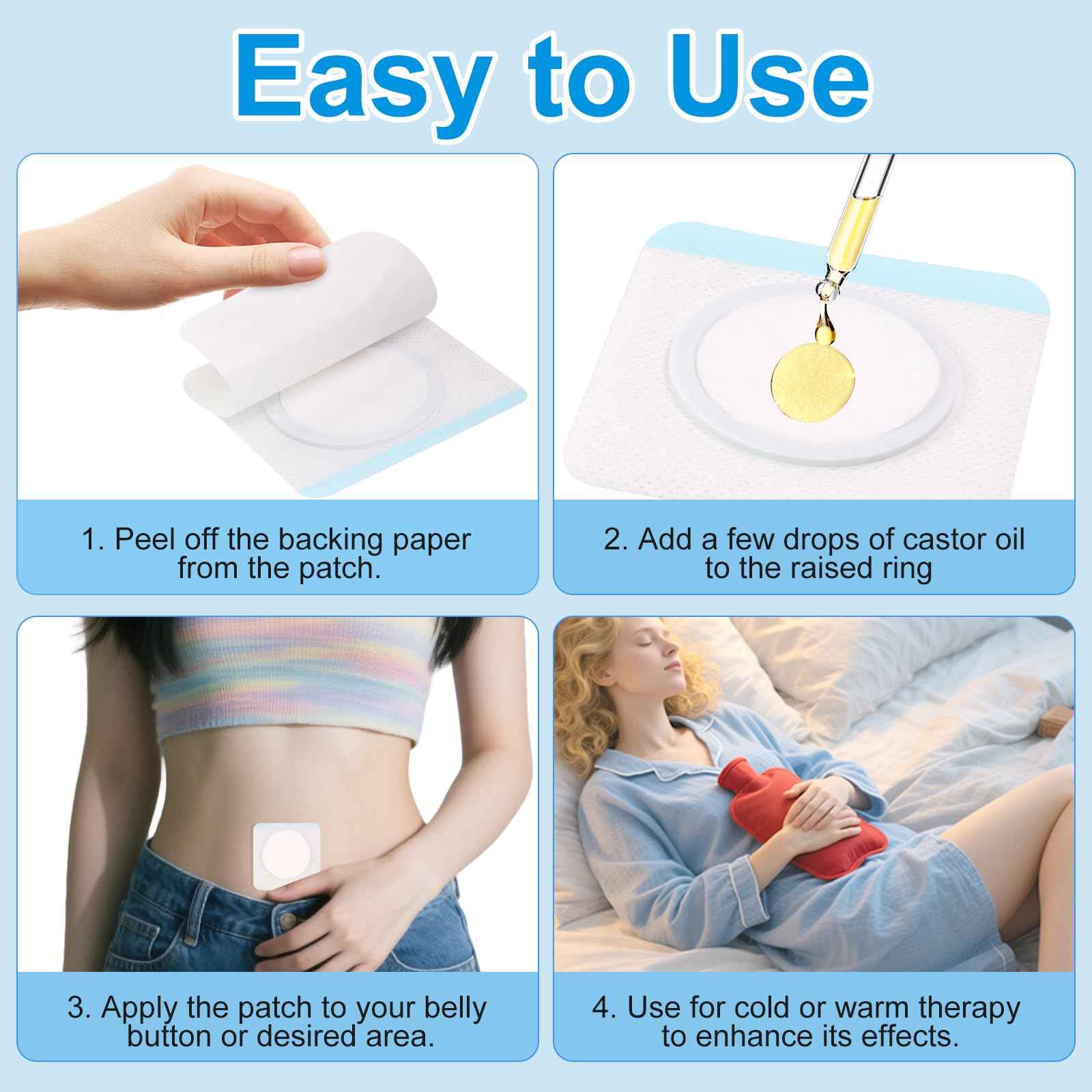 Castor Oil Pack Patches for Belly Button – 60 Disposable Organic Cotton Self-Adhesive Pads, Leak-Proof & Breathable, No-Wash Castor Oil Wraps for Navel, Abdomen & Targeted Skin Care