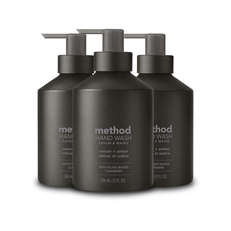 Method Gel Hand Soap, Vetiver + Amber, Reusable Black Aluminum Bottle, 12 oz (Pack of 3)