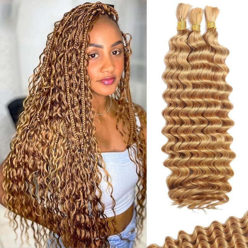 27 Blonde Boho Human Braiding Hair 120g Curly for Boho Braids Bohemian 100% Human Hair for Braiding Wet and Wave Deep Wave Bulk Human Hair for Boho Knotless Braids No Weft 3 Bundles 14inch