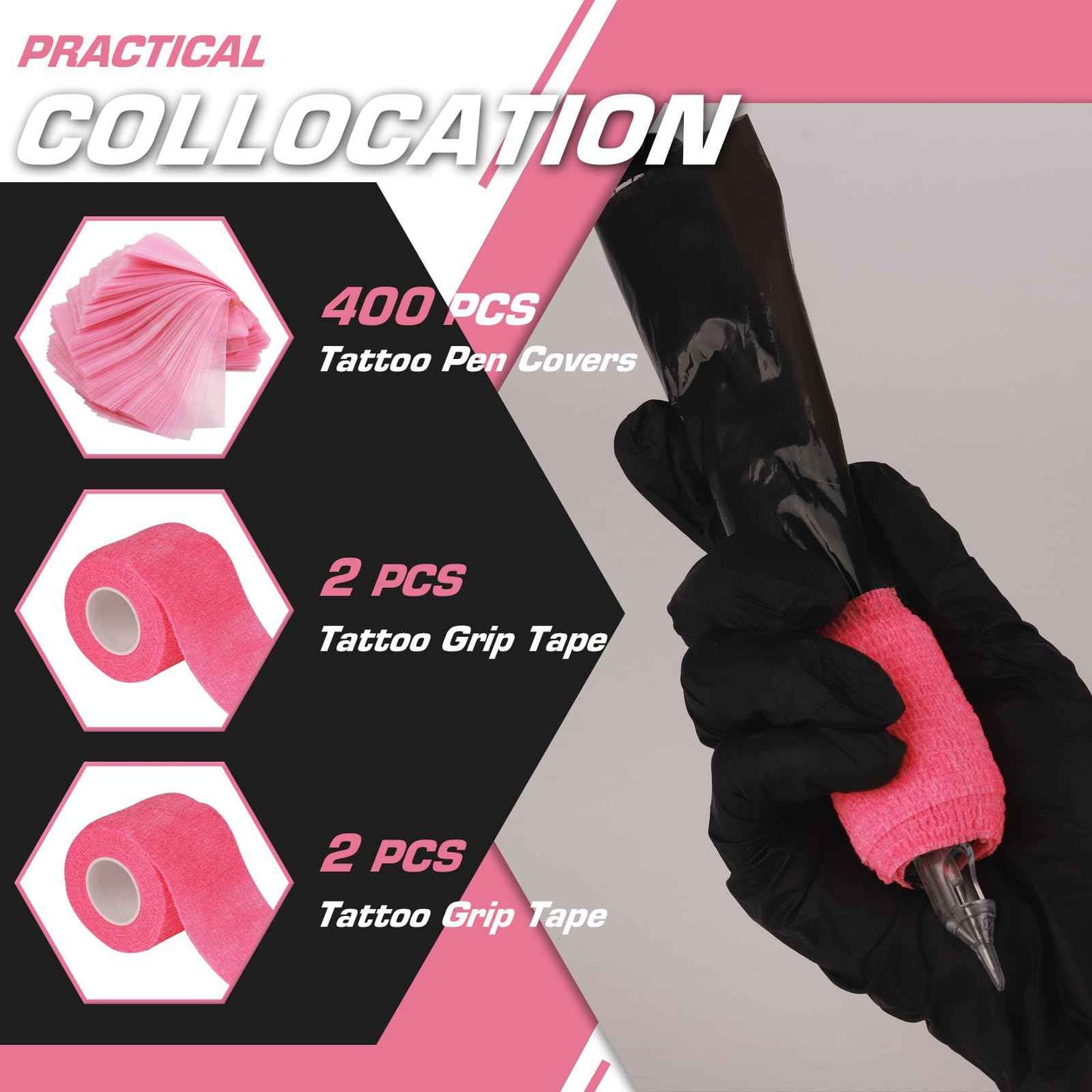 Tattoo Machine Pen Covers with Grip Tape Wrap - Narkysus 400Pcs Pink Machine Sleeves 2.5"x7.1" Large Tattoo Pen Bags and 4Pcs Pink Tattoo Gun Wrap Tattoo Supplies for Women and Studio Use