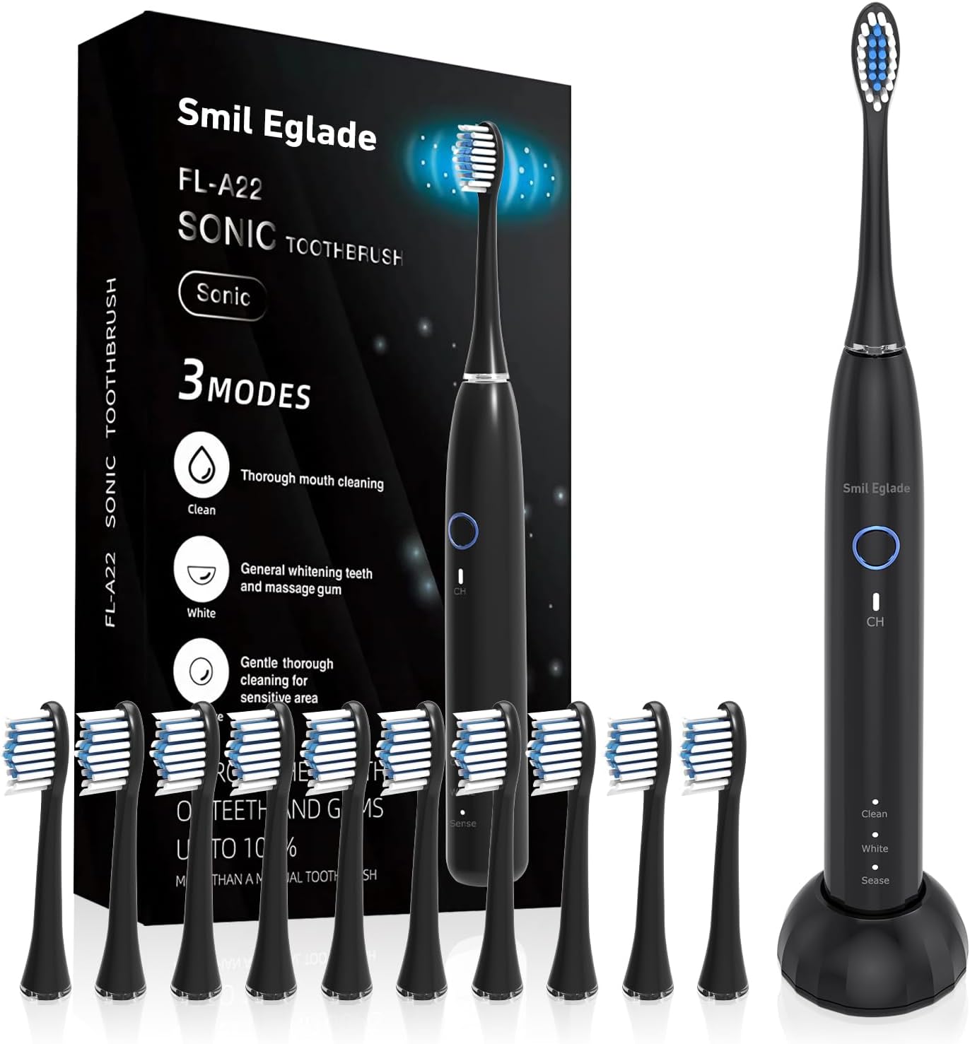 Rechargeable Sonic Electric Toothbrush for Adults - 10 Brush Heads, 3 Modes, 2-Minute Timer | Travel-Friendly Black