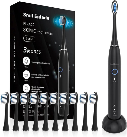 Rechargeable Sonic Electric Toothbrush for Adults - 10 Brush Heads, 3 Modes, 2-Minute Timer | Travel-Friendly Black
