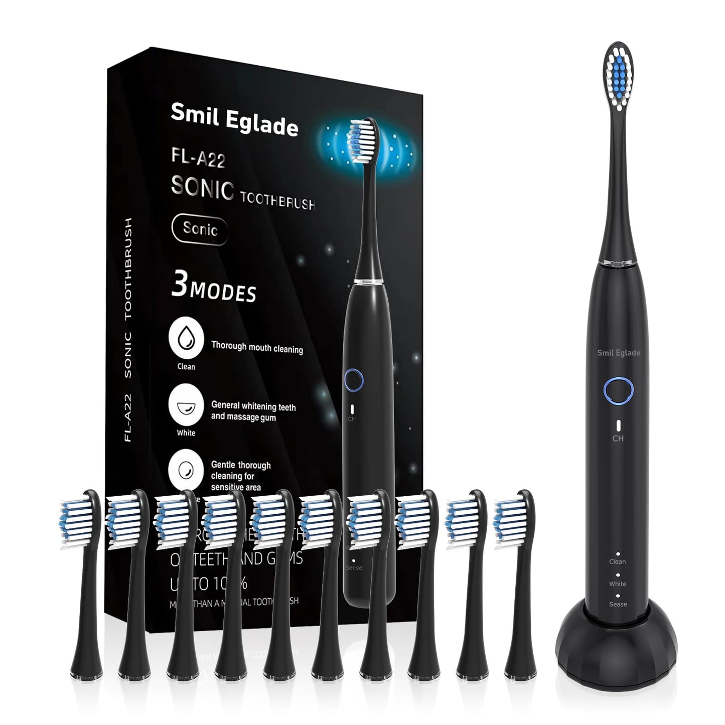 NBGRLVS Rechargeable Sonic Electric Toothbrush for Adults with 10 Brush Heads, 3 Modes, 2 Minute Smart Timer and Fast 4 Hour Charge - Perfect for Travel and Easy Dental Care (Black)