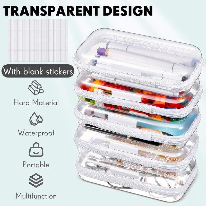 Clear Hard Zipper Pencil Case - 10 Pcs Portable Plastic Storage Bins for Travel & Office | Small, Clear
