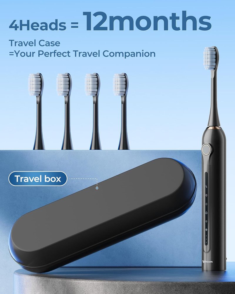 Electric Toothbrush - 4 Brush Heads, Travel Case, 180-Day Battery Life | Waterproof, 6 Modes, Smart Timer