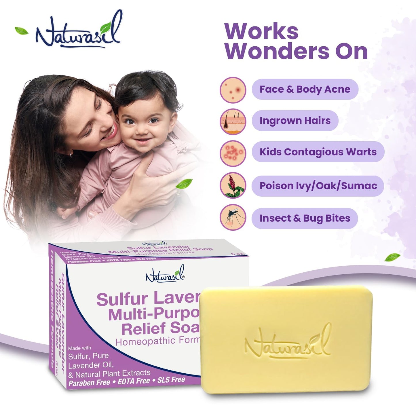 Naturasil Sulfur Soap with Lavender for Face & Body, Made in USA - 2 Pack