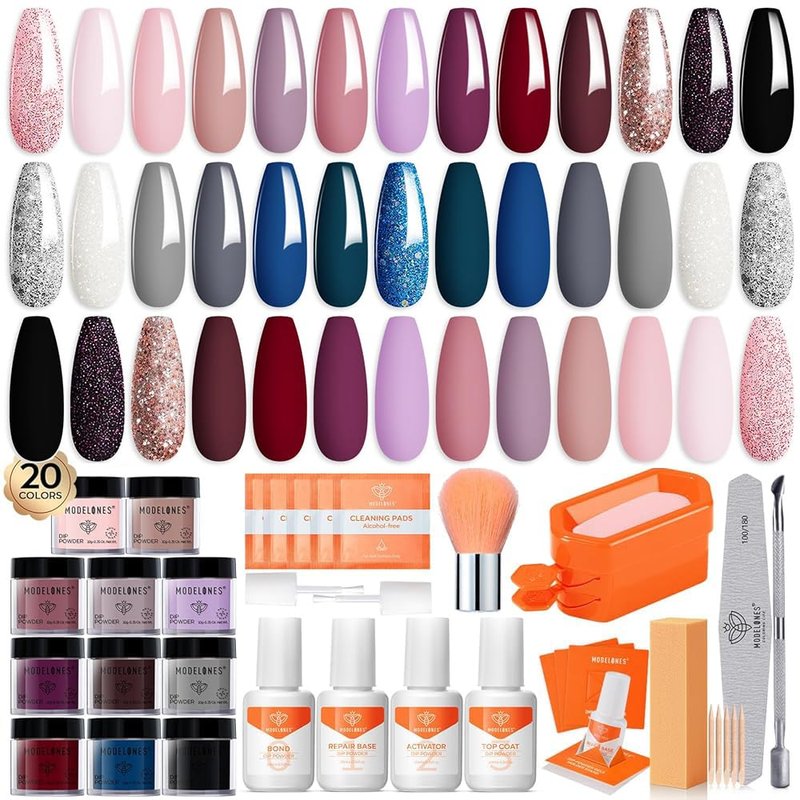 Modelones Dip Powder Nail Kit - 40 Pcs Glitter Set | 20 Colors Including Nude, Pink, Burgundy & Blue