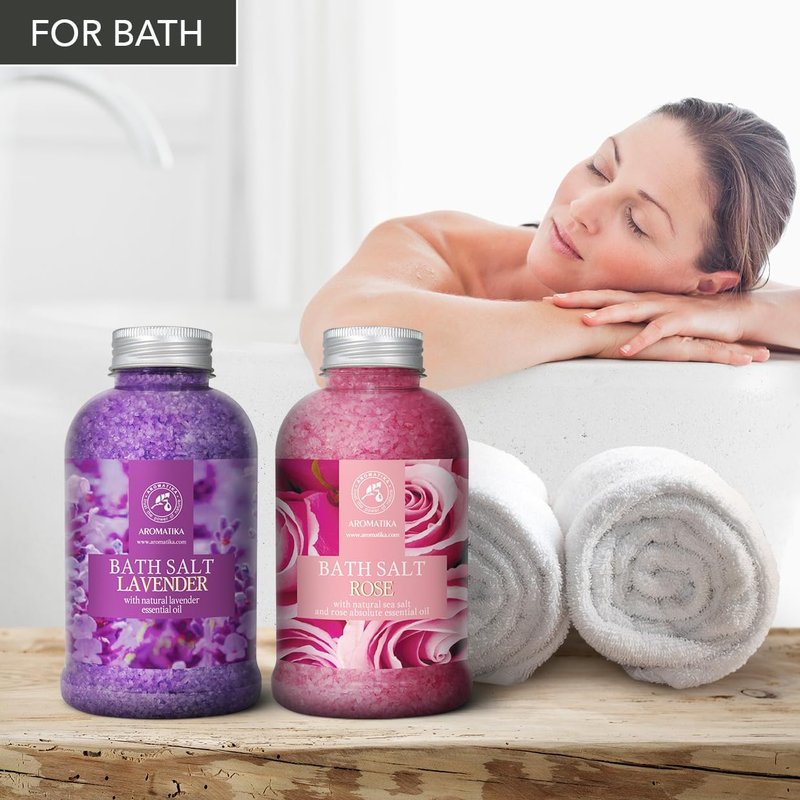 Bath Sea Salt Set - Lavender & Rose Essential Oils for Relaxation | 2 x 21.16 Oz