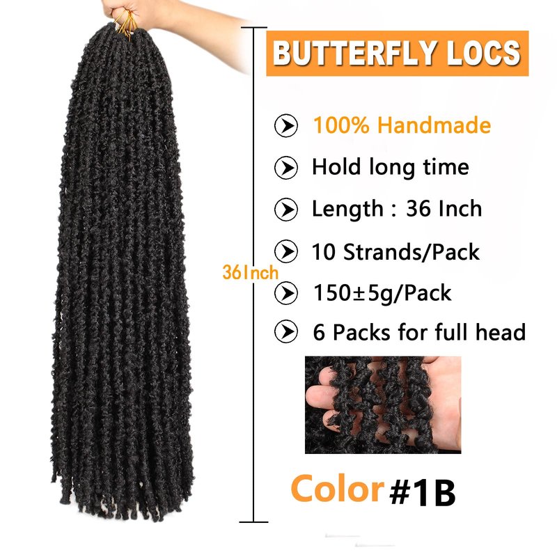 ZRQ 36 Inch Long Butterfly Locs Crochet Hair 6 Packs Pre-looped Black Distressed Locs Goddess Soft Locs Crochet Braids Synthetic Boho Locs Hair Extensions For Women 1B#