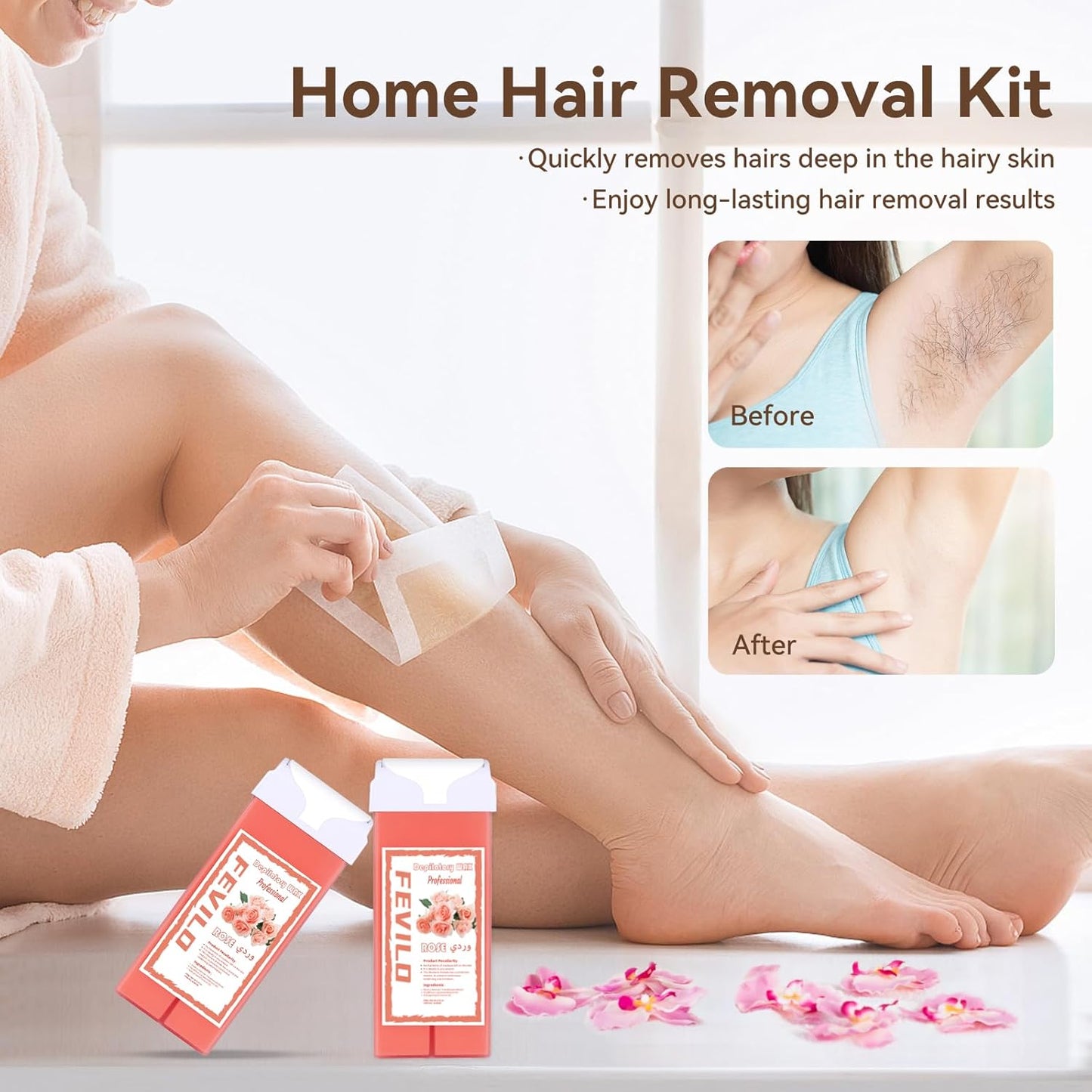 Hair Removal Kit - At-Home Waxing Set for Men & Women | 2 Rose Soft Wax Cartridges & 100 Non-Woven Strips - Pink