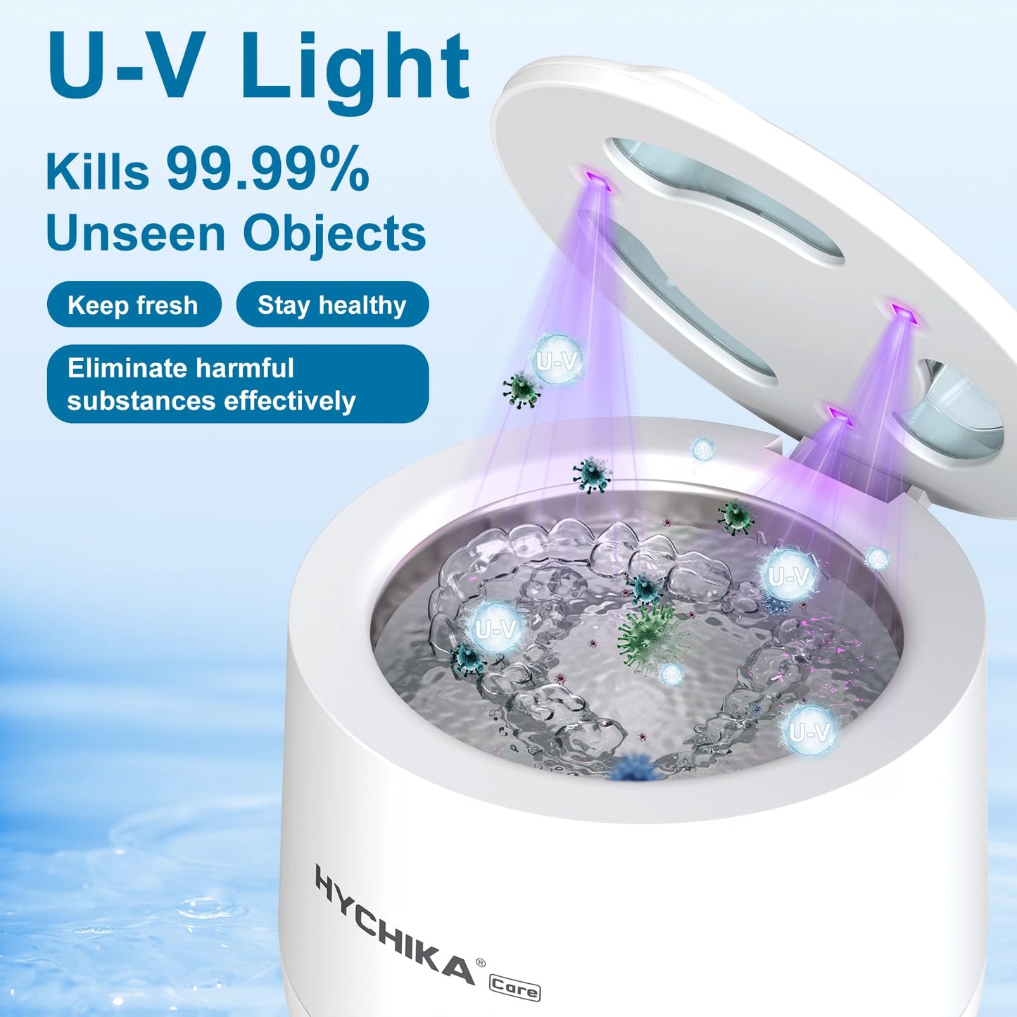 HYCHIKA Ultrasonic Retainer Cleaner Machine with UV,4 Modes,45kHz,200ML Dental Clean Pod for Retainers,Night Guards,Dentures etc.,Iceberg White
