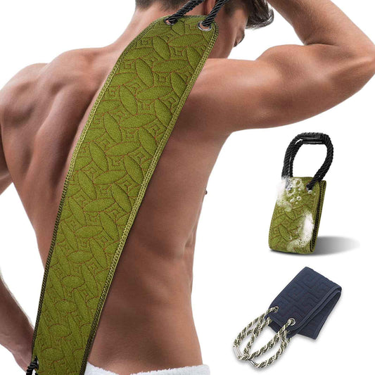 Exfoliating Back Scrubber for Shower, Double-Sided Body Washcloth with Reinforced Handles for Use in Shower, 38.5 Inch Series I Black Back Scrubber+Series II Green Exfoliator for Men & Women (2 Pack)