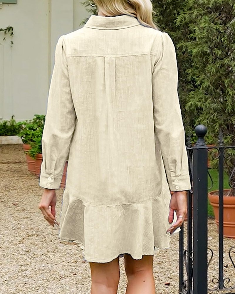 YEXPINE Women Button Down Cotton Linen Shirt Dress Loose Summer Casual Ruffle Hem Tunic Beach Dresses Apricot