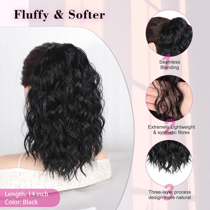 Black Ponytail Extension - 14 Inch Drawstring Synthetic Curly Wavy Clip-In Hairpiece | Perfect for Daily Wear & Halloween