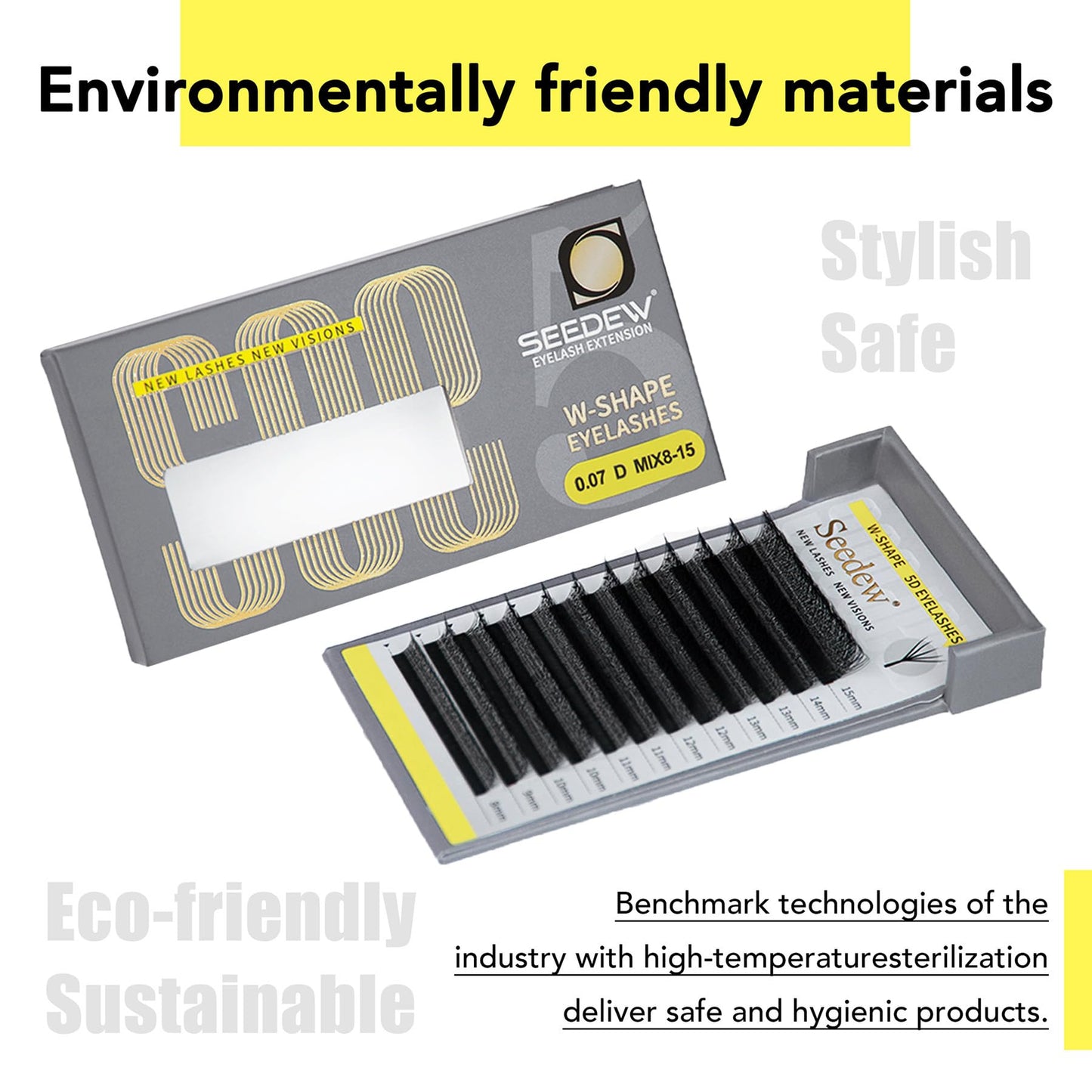SEEDEW 5D Lash Extensions, 0.07mm C Curl 13mm 12 Rows/Tray, W Shape Flat Stem, Korean PBT Volume False Eyelashes Grafting for Beginner Artist, Lash Tech, Beauty Salon(5D-Matte Black-0.07-C-13mm)