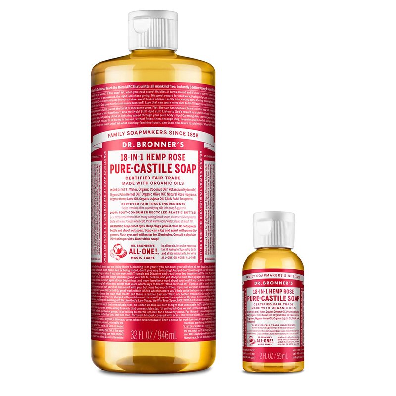 Dr. Bronner's Pure-Castile Liquid Soap - Rose Scent | 32 oz Bottle & 2 oz Travel Size
