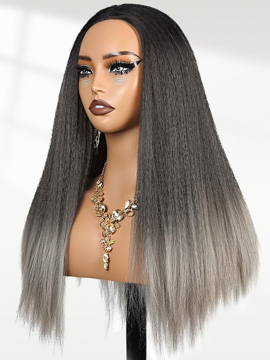 catti Yaki Straight Half Wig Ombre Black Grey Synthetic Hair 22"