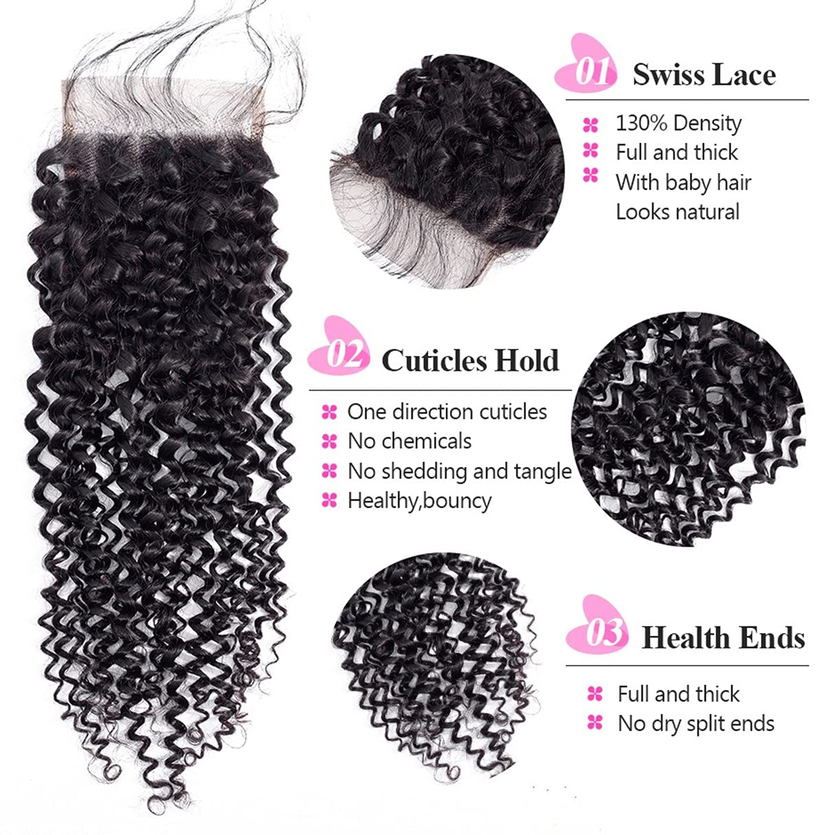Brazilian Kinky Curly 4x4 Lace Closure 100% Unprocessed Human Virgin Hair Pre Plucked Jerry Curly Pre-Plucked Hairline Frontal Closure Natural Black With Baby Hair (14inch, curly closure)