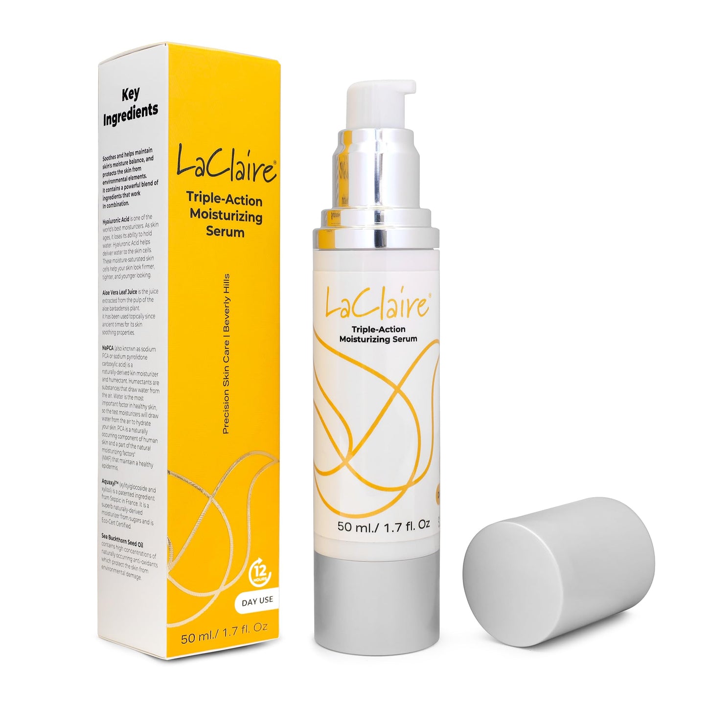 LaClaire Triple-Action Daily Moisturizing Serum – 70% Organic, Paraben-Free Hyaluronic Acid + Aloe Vera + Green Tea – Hydrates, Soothes & Protects – 50 mL