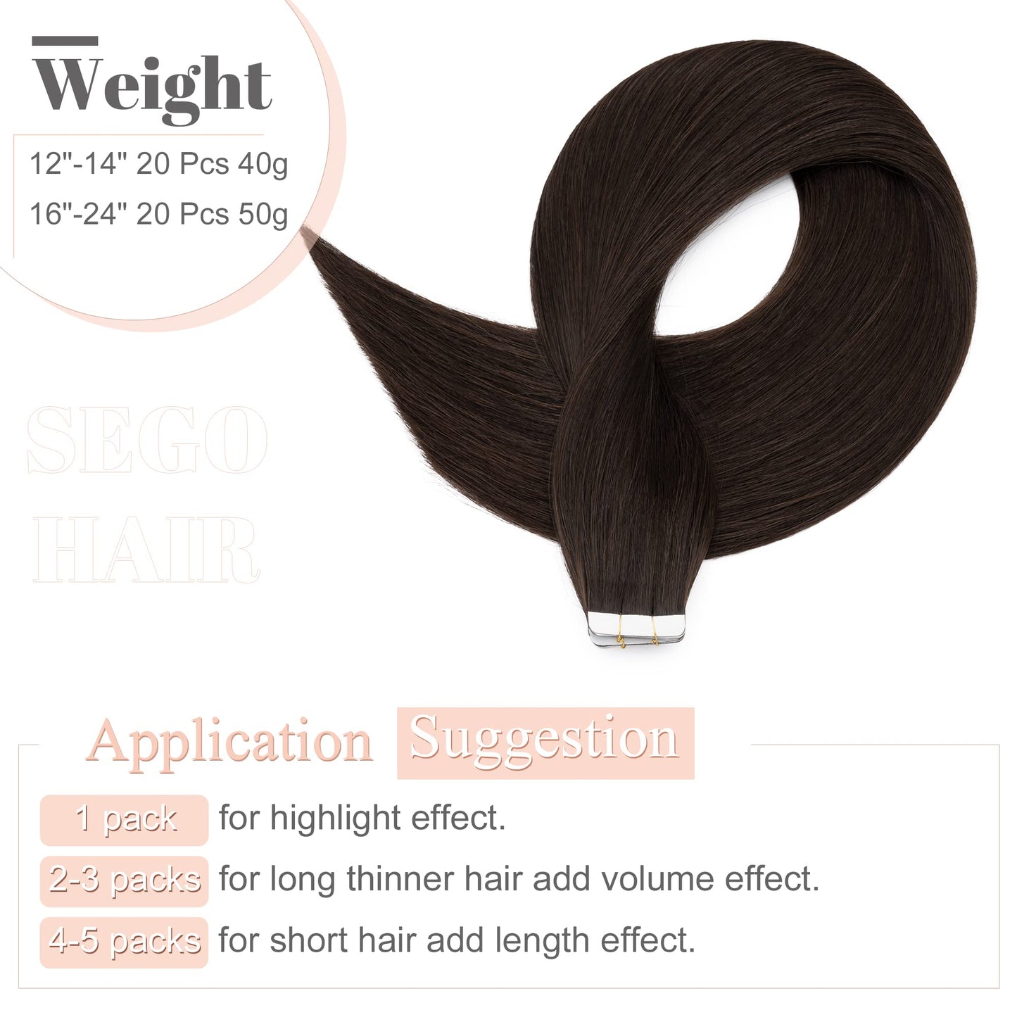 SEGO Tape In Hair Extensions Human Hair, 20pcs 50g 16 Inch Dark Brown Remy Straight Human Hair Tape In Extensions for Women -#02 Dark Brown