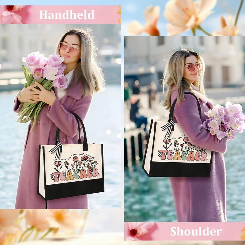 Tecanne Teacher Appreciation Gifts for Women, Canvas Tote Bag and Makeup Bag Set for Women (4 Sets)